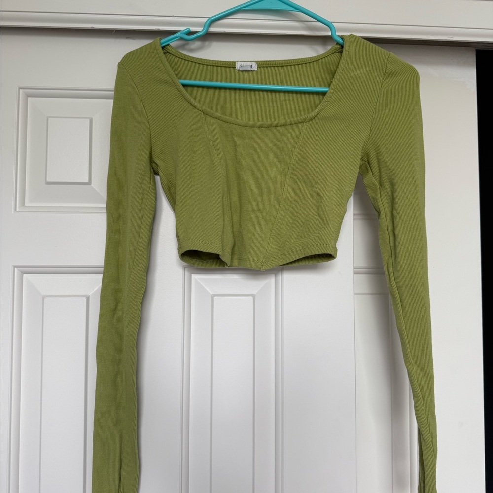 Garage Green Fitted Long Sleeve Crop Blouse